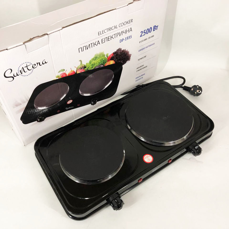 Плитка настольная электрическая Suntera DP-1935B, 2500 W, 2 конфорки разного диаметра. Цвет: черный
