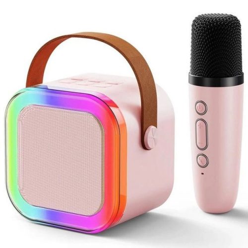 Портативная колонка с караоке микрофоном и RGB подсветкой K12 10W Bluetooth. Цвет: розовый